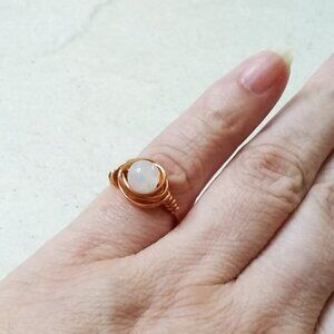 Dainty Milky Quartz & Copper Wire Ring - S 4.25! Sleek Sexy Feminine